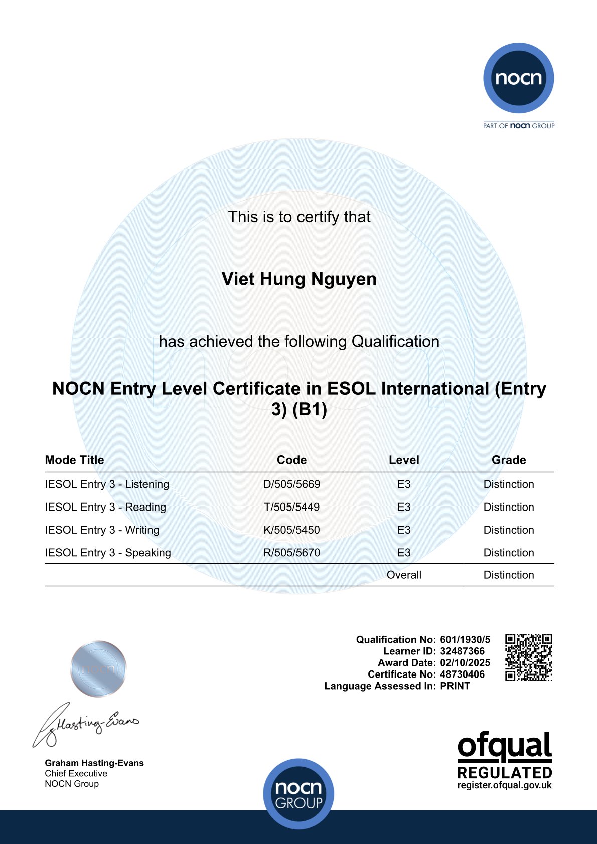 NOCN ESOL Certificate Page 1